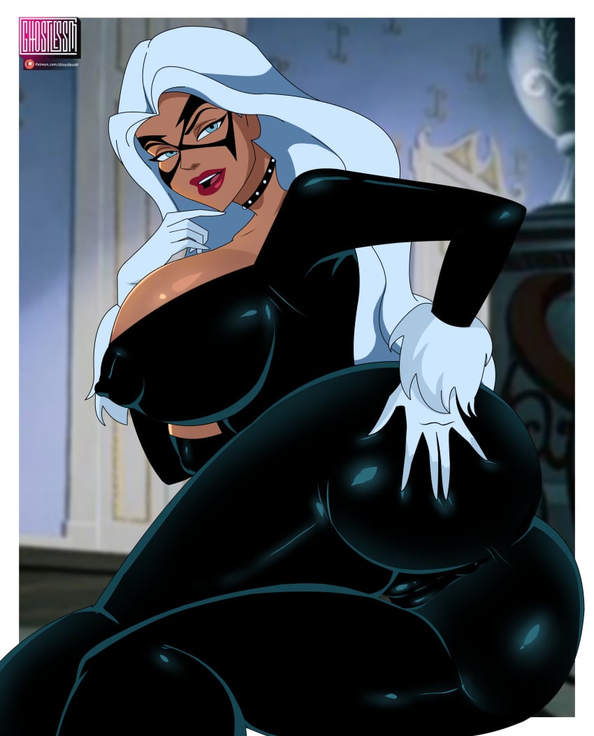 1girls ass ass_grab big_breasts black_cat_(marvel) bodysuit cameltoe costume felicia_hardy female female_only ghostlessm giant_breasts huge_ass huge_breasts long_hair looking_at_viewer looking_back marvel marvel_comics nipple_bulge no_bra skintight solo spider-man:_the_animated_series spider-man_(series) thick_thighs white_hair