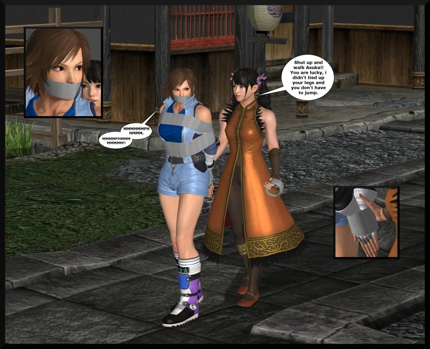 2girls 3d bondage bound_arms bound_hands clothed_bondage english_text fully_clothed fully_clothed_female gag gagged kazama_asuka ling_xiaoyu lord_kamski multiple_girls speech_bubble tape_gag tekken