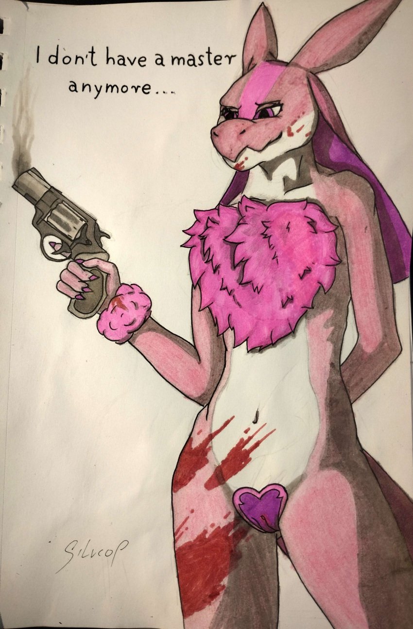 absurd_res anthro athletic blood bodily_fluids body_hair chest_hair female fur genitals gun handgun hi_res looking_away looking_pleasured lovander master nude pal_(species) palworld pink_body pistol pocketpair purple_body pussy ranged_weapon revenge revolver silvcos simple_background smile smirk smoke solo text traditional_media_(artwork) weapon white_background wool_(fur)