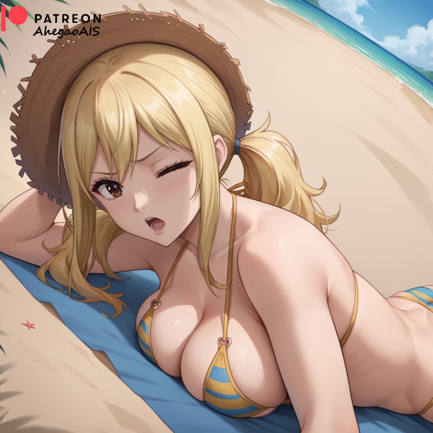 ahegao_ai ai ai_generated beach big_breasts bikini bikini_bottom bikini_top brown_eyes ecchi fairy_tail lucy_heartfilia one_eye_closed open_mouth perfect_body ponytail sea seaside sfw sfw_version sfw_version_available straw_hat tanning water watermark