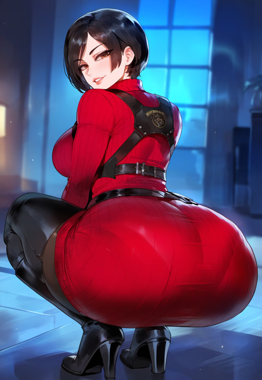 1girls ada_wong ai_generated ass ass_focus big_ass black_hair brown_eyes creamy_ai curvy female from_behind high_heel_boots high_heels huge_ass large_breasts red_sweater resident_evil resident_evil_4 squatting sweater sweater_dress thiccwithaq_(ai_style) thick_thighs thigh_boots wide_hips