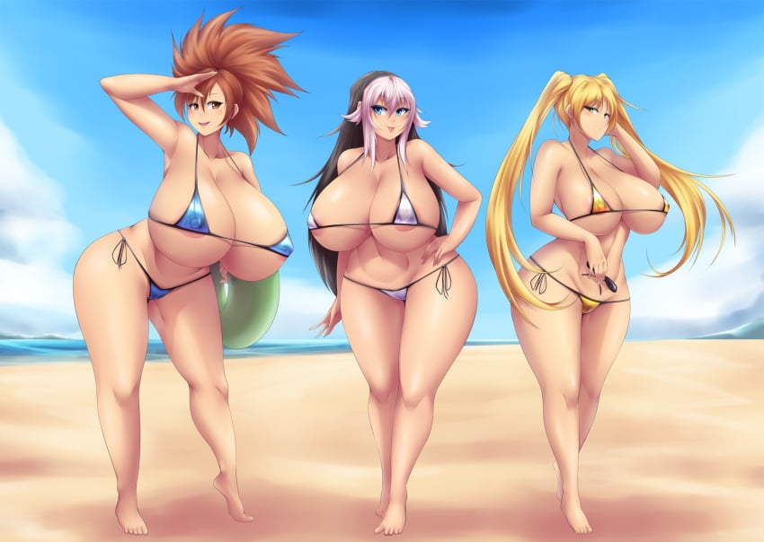 3girls :p abs ass_visible_through_thighs barefoot beach black_hair blonde_hair blue_bikini blue_eyes blush breasts brown_eyes brown_hair cleavage eyelashes eyewear_removed frown green_eyes hand_on_hip highres holding_sunglasses huge_ass huge_breasts human human_only large_breasts long_hair looking_at_viewer mleonheart multiple_girls nail_polish navel ocean original outdoors ponytail sagging_breasts salute sand short_hair side-tie_bikini simple_background smile standing stella_andersen sunglasses sunglasses_removed swimsuit thick_thighs thigh_gap tongue tongue_out twintails two_tone_hair underboob valdis_nystrom very_long_hair water white_background white_bikini white_hair wide_hips yellow_bikini yuki_hellstrom