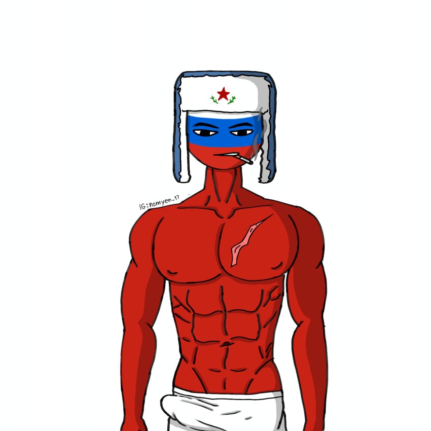 abs big_breasts black_eyes boxers breasts cigarette cigarette_in_mouth cigarette_smoke countryhumans gay gay_male male male_focus male_only man_boobs muscles muscular muscular_male nipples nomyen_17 panties pants pecs penis_in_panties penis_in_pants red_body russia_(countryhumans) scar scar_on_chest scars simple_background smoke smoking thighs ushanka white_background white_panties white_pants