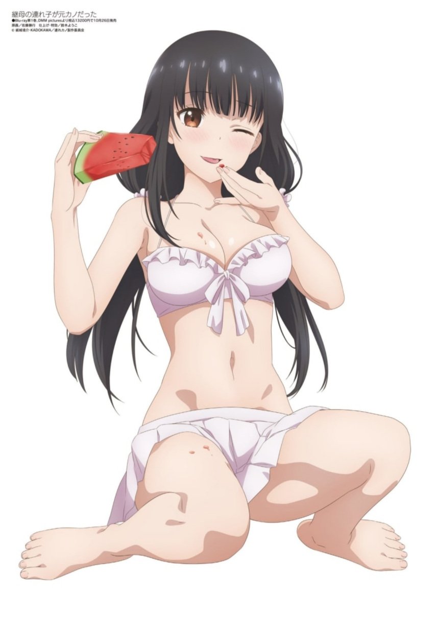 armpits bare_arms bare_belly bare_legs bare_shoulders bare_thighs barefoot belly_button big_breasts black_hair blush breasts brown_eyes eating feet irido_yume long_hair mamahaha_no_tsurego_ga_moto_kano_datta megami_magazine official_art one_eye_closed smile swimsuit thighs toes tongue_out watermelon