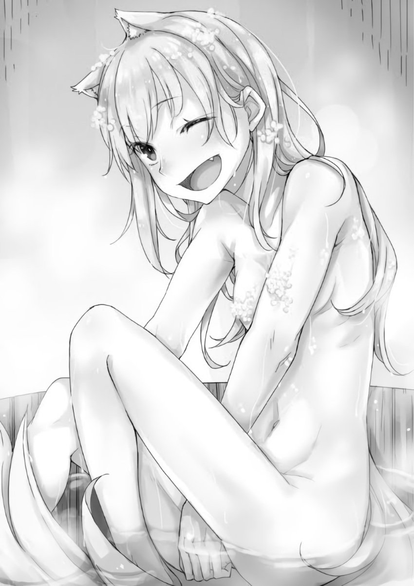 ayakura_juu bath bathing bathtub completely_nude female female_only long_hair monochrome myuri_(spice_and_wolf) nude official_art one_eye_closed open_mouth sitting small_breasts smile soap_bubbles solo spice_and_wolf suds wolf_ears wolf_girl wolf_tail