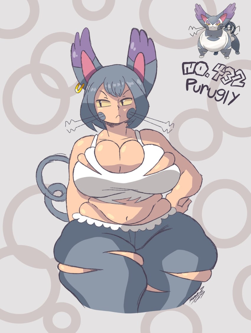 big_breasts breasts cat_ears cat_girl cat_tail catgirl fat fat_female generation_4_pokemon gray_hair grey_hair human human_transformation looking_away_from_viewer pokemon pokemon_(species) purugly ripped_clothing tail tank_top tsundere whiskers white_tank_top wide_hips