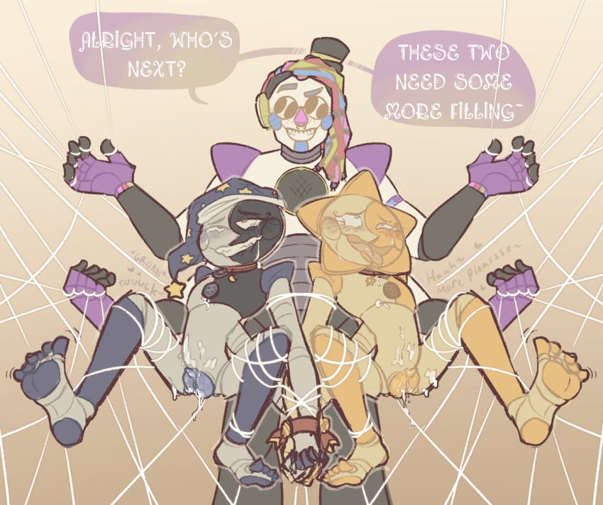 2022 andromorph andromorph/male animatronic bondage completely_nude completely_nude_male cum cum_string cuntboy cuntboy_sans_balls daycare_attendant_(fnaf) digital_drawing_(artwork) digital_media_(artwork) dj_music_man five_nights_at_freddy's five_nights_at_freddy's:_security_breach hat herm hermaphrodite intersex intersex/male looking_pleasured machine male maleherm micropenis moondrop multi_genitalia nude nude_male penis pussy pussy_lips robot saffron_seraph scottgames small_penis spider_web steel_wool_studios sundrop threesome tied trio trio_focus trio_in_panel