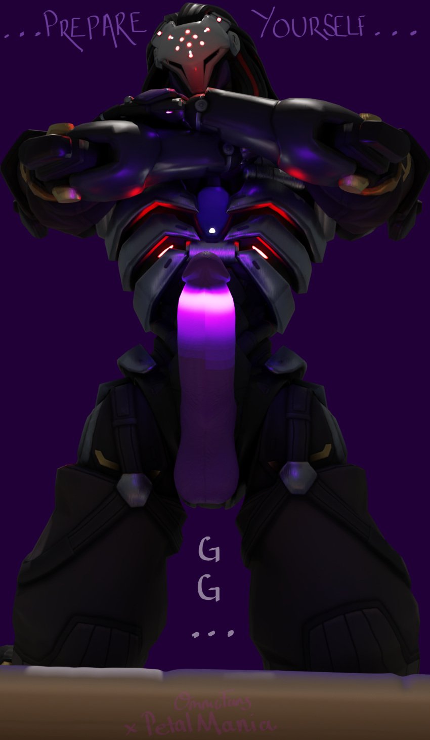 3d 3d_(artwork) arms_crossed darbernsfw glowing_genitalia looking_at_viewer looking_down omnic omnicfans overwatch overwatch_2 penis purple_penis ramattra solo_male