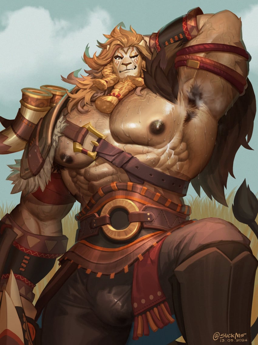 abs afk_arena anthro armpit_focus armpit_hair armpit_musk beard big_nipples big_pecs bodily_fluids body_hair bodypaint braided_beard brutus_(afk_arena) bulge clothing dark_nipples face_paint facial_hair felid fur genital_fluids hair hand_behind_head hi_res lilith_games lion male male_focus male_only mammal mane mantle muscular muscular_male nipples orange_hair pantherine pecs precum precum_through_clothing precum_through_pants raised_arm smile smirk solo suck-nis tan_body tan_fur wet wet_clothing