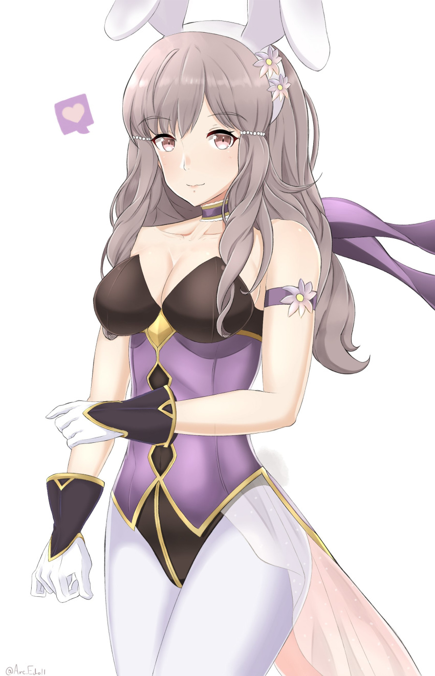 animal_ears arcedo breasts brown_eyes brown_hair bunny_ears bunnysuit choker cleavage closed_mouth fake_animal_ears female fire_emblem fire_emblem_awakening frilled_choker frills gloves high_resolution leotard long_hair medium_breasts simple_background smile solo sumia_(fire_emblem) twitter_username very_high_resolution white_background white_legwear