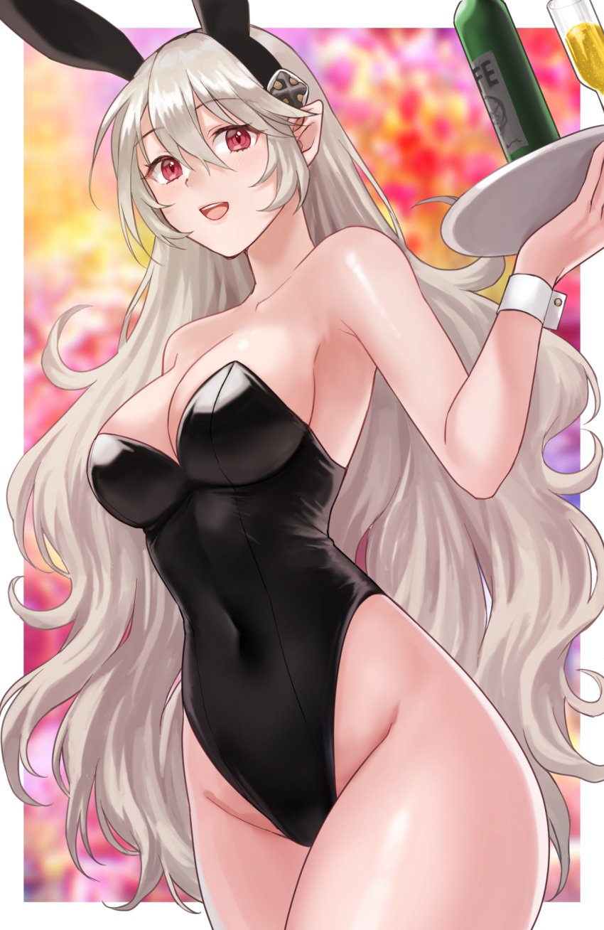 1girls :d alternate_costume animal_ears bare_shoulders black_hairband black_leotard blurry blurry_background border breasts bunny_ears bunny_girl bunnysuit cleavage collarbone corrin_(female)_(fire_emblem) corrin_(fire_emblem) corrin_(fire_emblem)_(female) covered_navel cowboy_shot cup detached_collar drinking_glass fake_animal_ears female female_only fire_emblem fire_emblem_fates grey_hair groin hair_between_eyes hair_ornament hairband hazuki_(nyorosuke) highleg highleg_leotard highres holding holding_tray large_breasts leotard long_hair looking_at_viewer nintendo open_mouth playboy_bunny pointy_ears rabbit_ears rabbit_tail red_eyes simple_background smile solo strapless strapless_leotard tail tray white_border wine_glass wrist_cuffs