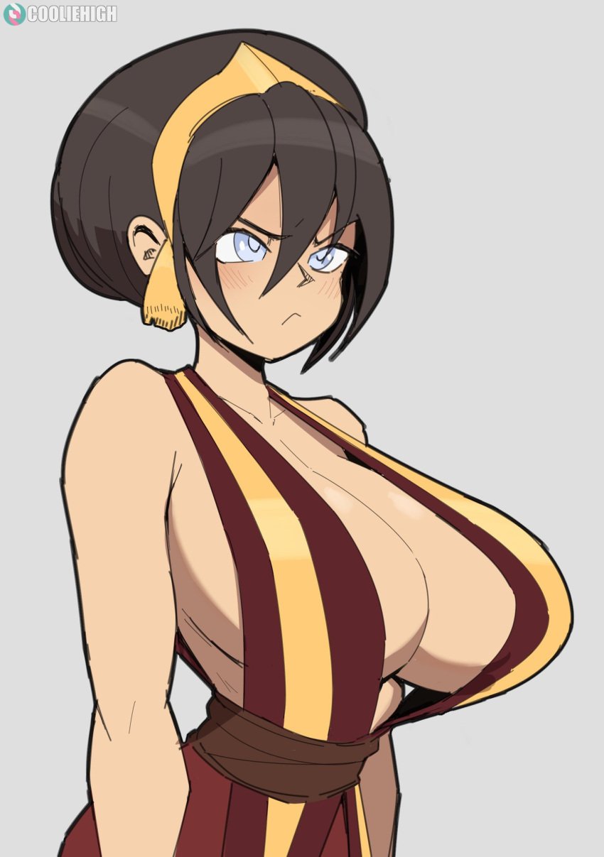 1girls avatar_legends avatar_the_last_airbender bare_arms bare_shoulders big_breasts black_hair blind blind_eye blush clothed clothing color cooliehigh earth_kingdom female female_focus female_only hi_res large_breasts light-skinned_female light_skin nickelodeon no_bra short_hair solo solo_female thick_thighs toph_bei_fong