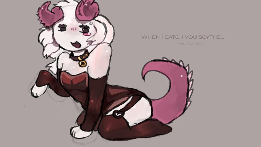 bell_collar black_collar black_shirt blush clothed collar demon fully_clothed furry garter_straps horn horns long_hair paws phighting pink_horn pink_horns roblox roblox_game scythe_(phighting) stockings strapless_dress tail vinestaff_(phighting) white_body white_fur white_hair white_skin