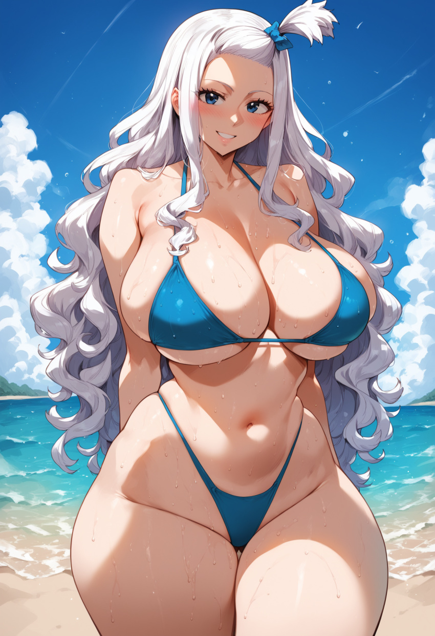 1girls ai_generated beach bikini blue_bikini blue_eyes bombacopta breasts cleavage cleavage_overflow fairy_tail huge_breasts large_breasts midriff mirajane_strauss thick thick_thighs underboob white_hair