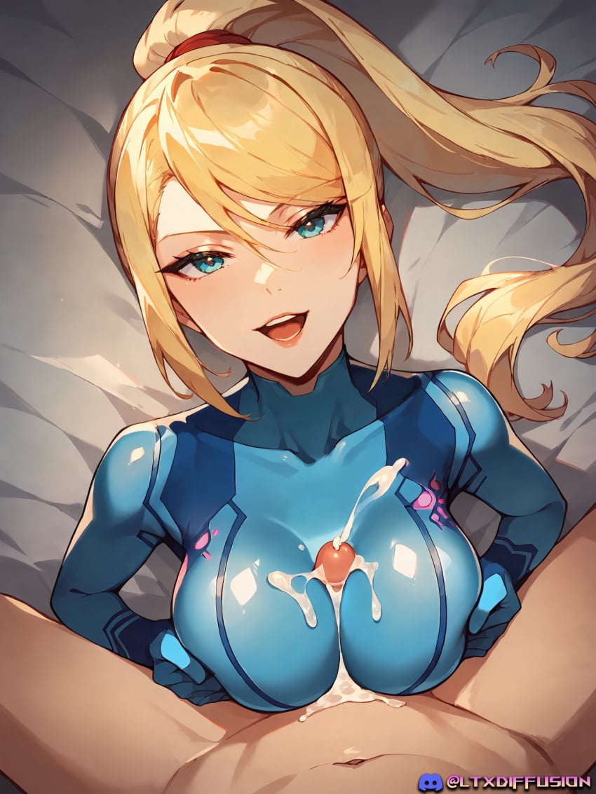 1boy 1girls ai_generated blonde_female blonde_hair blue_bodysuit blue_eyes blue_latex blue_latex_bodysuit bodysuit breasts cum cum_on_bodysuit cum_on_breasts cumshot female female_focus hair high_resolution highres latex latex_bodysuit ltxdiffusion lying lying_on_back male metroid on_bed open_mouth orgasm paizuri penis png samus_aran seductive seductive_look shiny shiny_clothes signature skin_tight spread_legs stable_diffusion straight tight_clothing titfuck titjob turtleneck