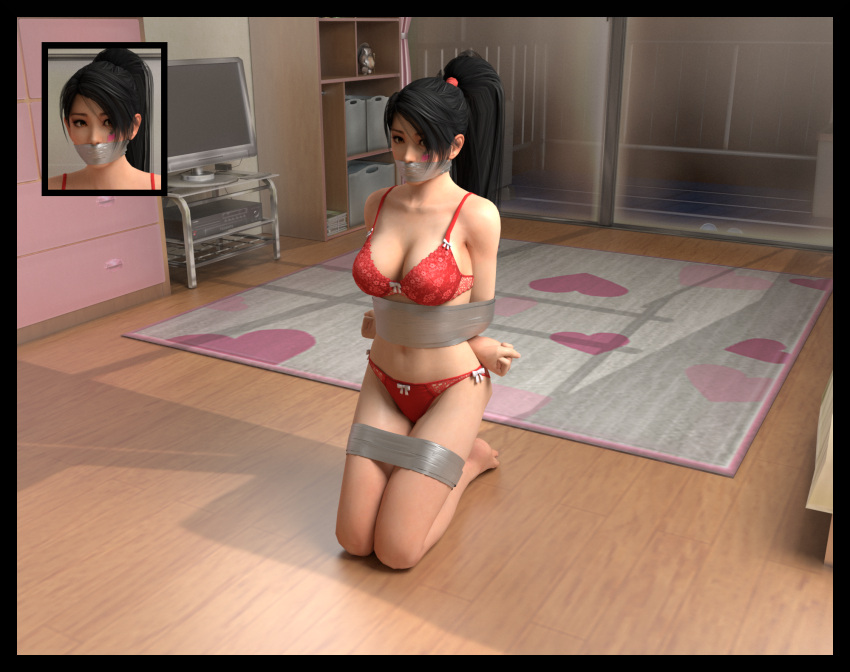 3d black_hair bondage bound bound_arms bound_legs bra gag gagged kneeling lord_kamski momiji_(ninja_gaiden) ninja_gaiden panties red_bra red_panties tape_gag underwear