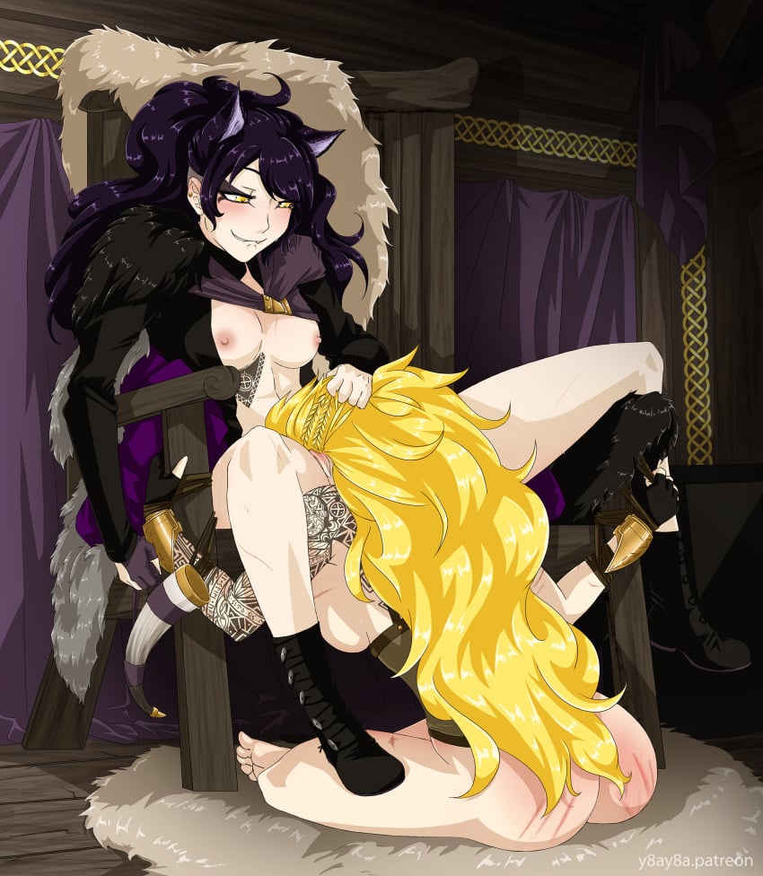 2girls alternate_universe black_hair black_hair_female blake_belladonna blonde_female blonde_hair breasts canon_couple cat_ears half-dressed half_naked lesbian licking_pussy multiple_girls rwby viking viking_female y8ay8a yang_xiao_long yaya_(y8ay8a) yuri