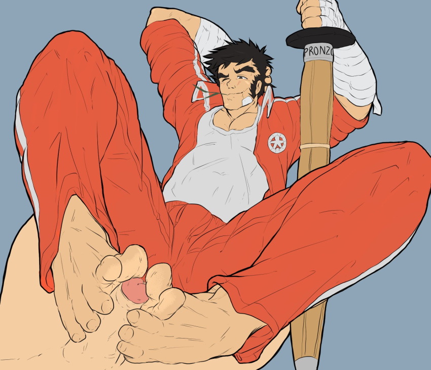 2boys 5_toes bandage bandages barefoot black_hair blush capcom clothed_male_nude_male clothing footjob grass_in_mouth hand_behind_head hayato_nekketsu kendo_stick male_feet male_only one_eye_closed penis pronzcrater red_track_suit rival_schools shinai simple_background teacher uncensored yaoi