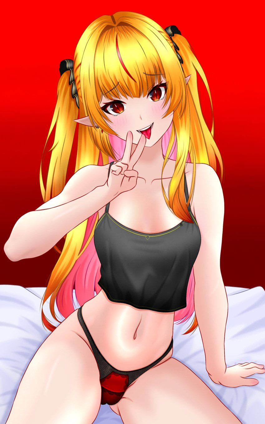 1girls 2d 2d_(artwork) bed belly_button blonde_hair elf_ears eternals_(idol_corp) female female_focus female_only front_view hecshadowartof highres idol_corp idol_es latam_virtual_youtuber light-skinned_female light_skin long_hair looking_at_viewer navel pink_hair pointy_ears red_background red_eyes red_thong ruby_runeheart simple_background sitting sitting_on_bed slim_girl solo solo_female solo_focus thong tongue tongue_out two_tone_hair victory_sign virtual_youtuber vtuber vtuberfanart young younger_female