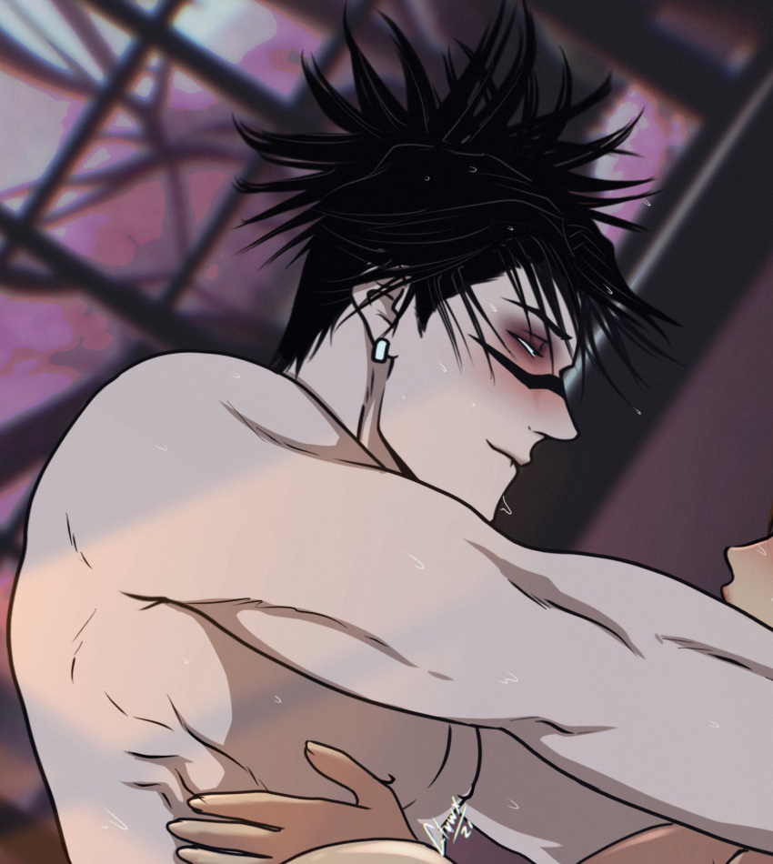 biting_lip blush blush choso_kamo dark_hair jujutsu_kaisen male male/female man_on_top