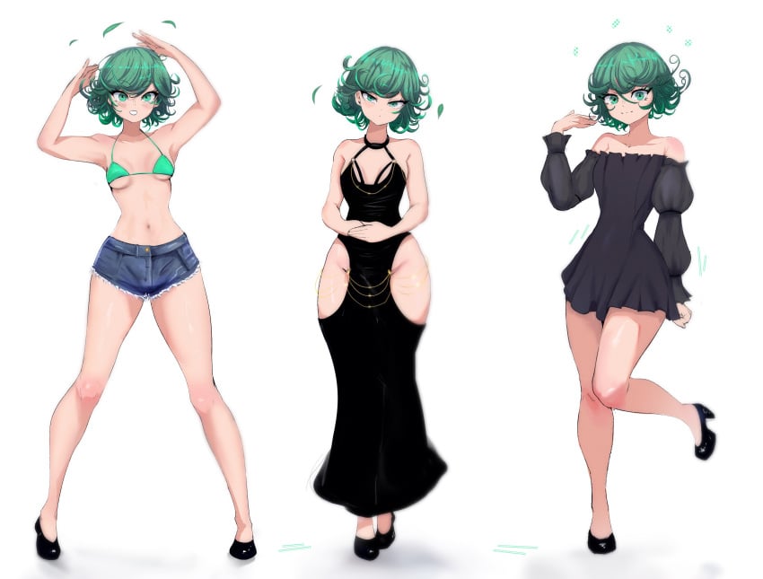 1girls bare_shoulders bikini_top black_dress commission denim_shorts dress gold_chain green_eyes green_hair hehevich high_heels hip_windows light-skinned_female light_skin long_dress modakawa_dress multiple_outfits multiple_poses one-punch_man tatsumaki