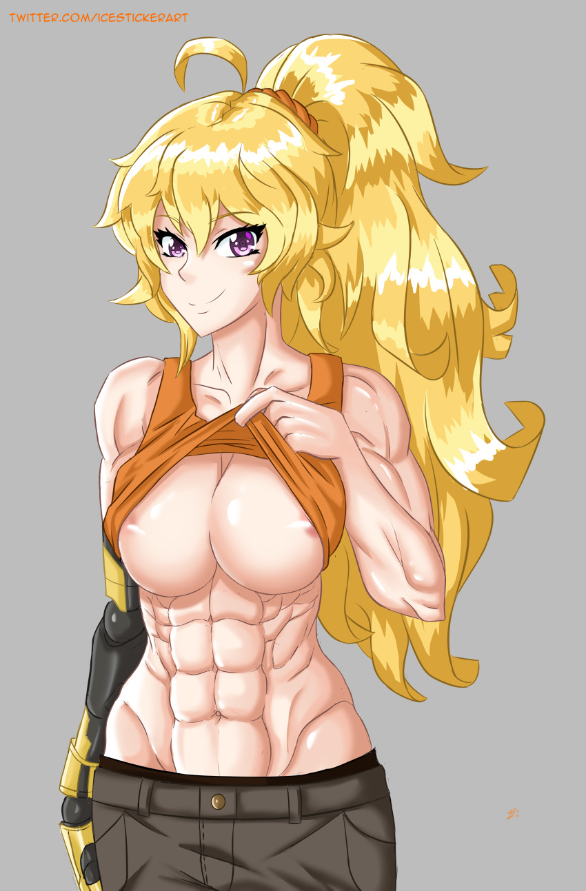 1girls abs blonde_female blonde_hair breasts icesticker lifting_skirt long_hair long_hair_female pants purple_eyes revealing_breasts robotic_arm rwby showing_breasts showing_off yang_xiao_long