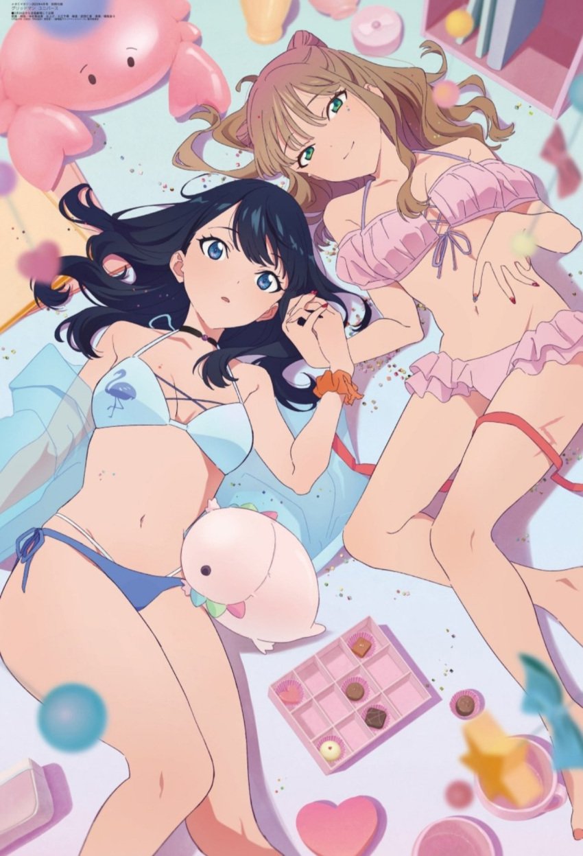 bare_arms bare_belly bare_legs bare_shoulders bare_thighs belly_button black_hair blue_eyes breasts brown_hair fingernails green_eyes gridman_universe hand_on_waist holding_hands long_hair megami_magazine minami_yume mouth_closed official_art open_mouth smile swimsuit takarada_rikka thick_thighs thighs