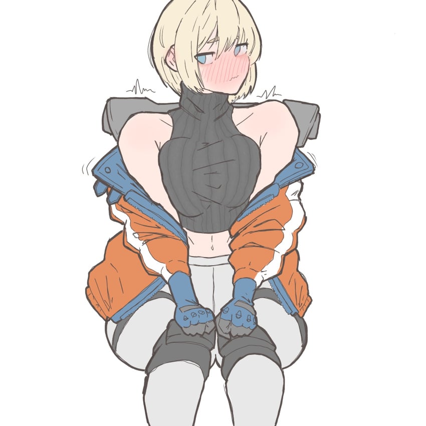 apex_legends blush blush clothed embarrassed looking_at_viewer navel revealing_clothes sitting thick_thighs ueda8039 wattson_(apex_legends)