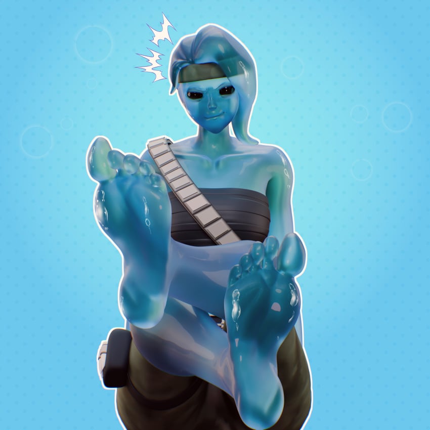 annoyed annoyed_expression barefoot blue_body feet female foot_focus fortnite fortnite:_battle_royale goo goo_creature ragnaritos_nsfw see-through see-through_body shiny_skin slurp_(fortnite) slurp_bandolette