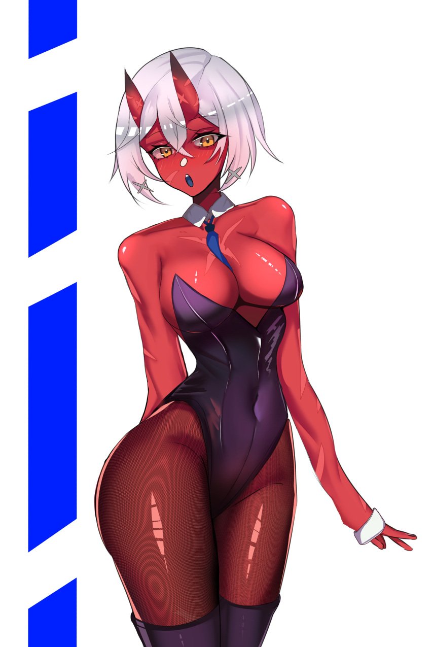 akumi big_breasts female horns oni oni_horns red_skin scars virtual_youtuber vyugen white_hair yellow_eyes