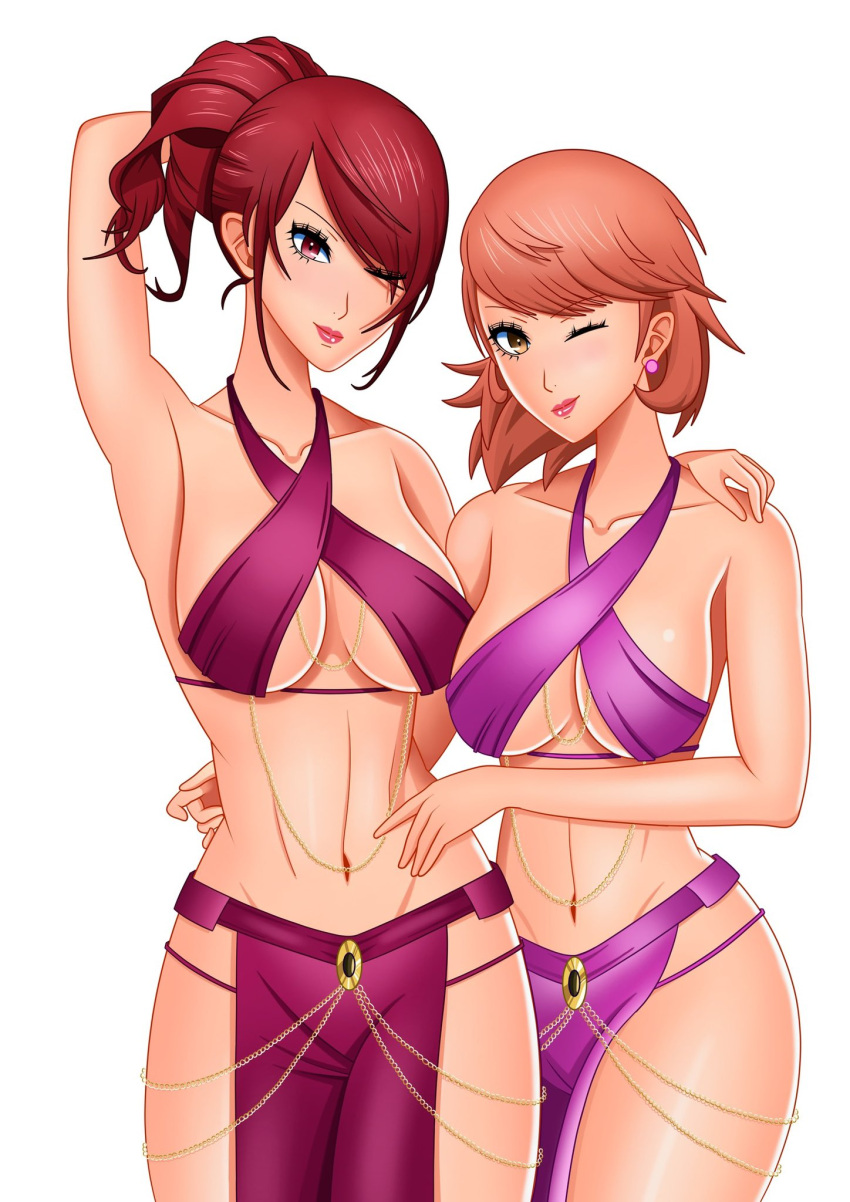 2girls alternate_costume alternate_hairstyle atlus big_breasts breasts brown_eyes brown_hair female female_only harem_outfit hourglass_figure large_breasts megami_tensei mitsuru_kirijo multiple_girls persona persona_3 red_eyes red_hair rrl0215 short_hair thick_thighs white_skin yukari_takeba