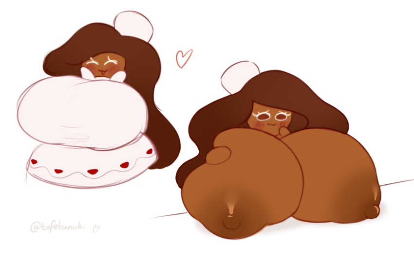 1girls :3 big_breasts blush breast_squeeze breasts breasts_bigger_than_head breasts_out brown_body brown_hair brown_nipples brown_skin cocoa_cookie cookie cookie_run cookie_run_kingdom cookie_run_ovenbreak cute devsisters digital_art digital_drawing_(artwork) eyelashes female female_only heart huge_breasts large_breasts long_hair marshmallow non-human red_eyes squishy_breasts tofetanuki white_background white_shirt wholesome