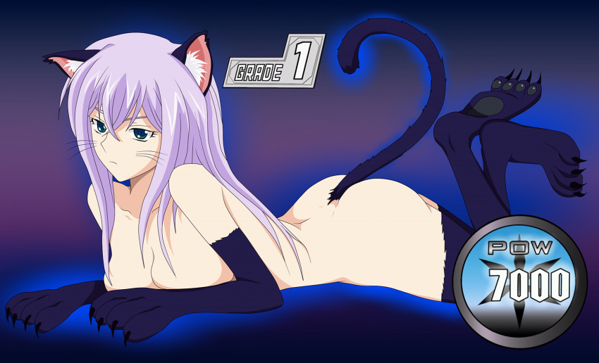 1girls ass cardfight!!_vanguard cat_ears claws lying lying_down misaki_tokura paws power stats tail