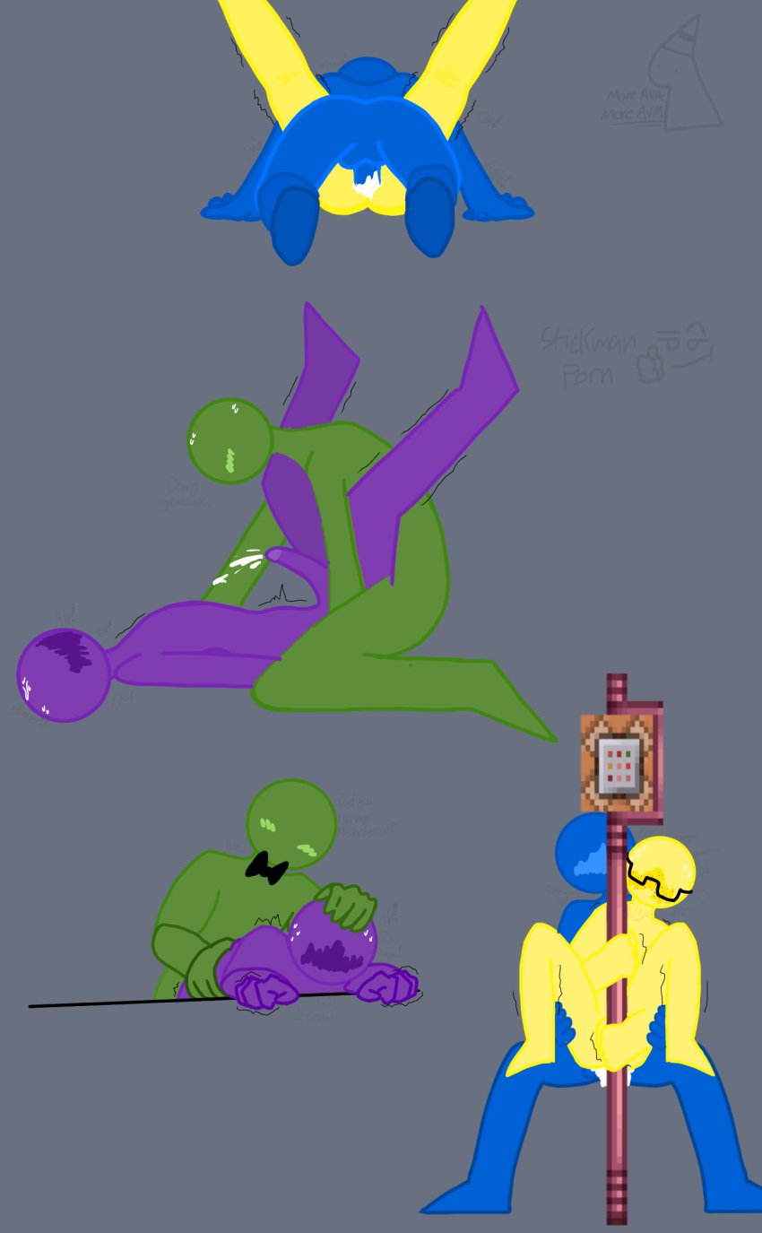 alan_becker anal anal_sex animation_vs_minecraft animator_vs_animation blue_(avm) cum cum_drip cum_in_ass cum_inside doggy_style from_behind gay gay_sex green_(avm) missionary_(legs_up) moaning purple_(avm) stickman whimpering yellow_(avm)