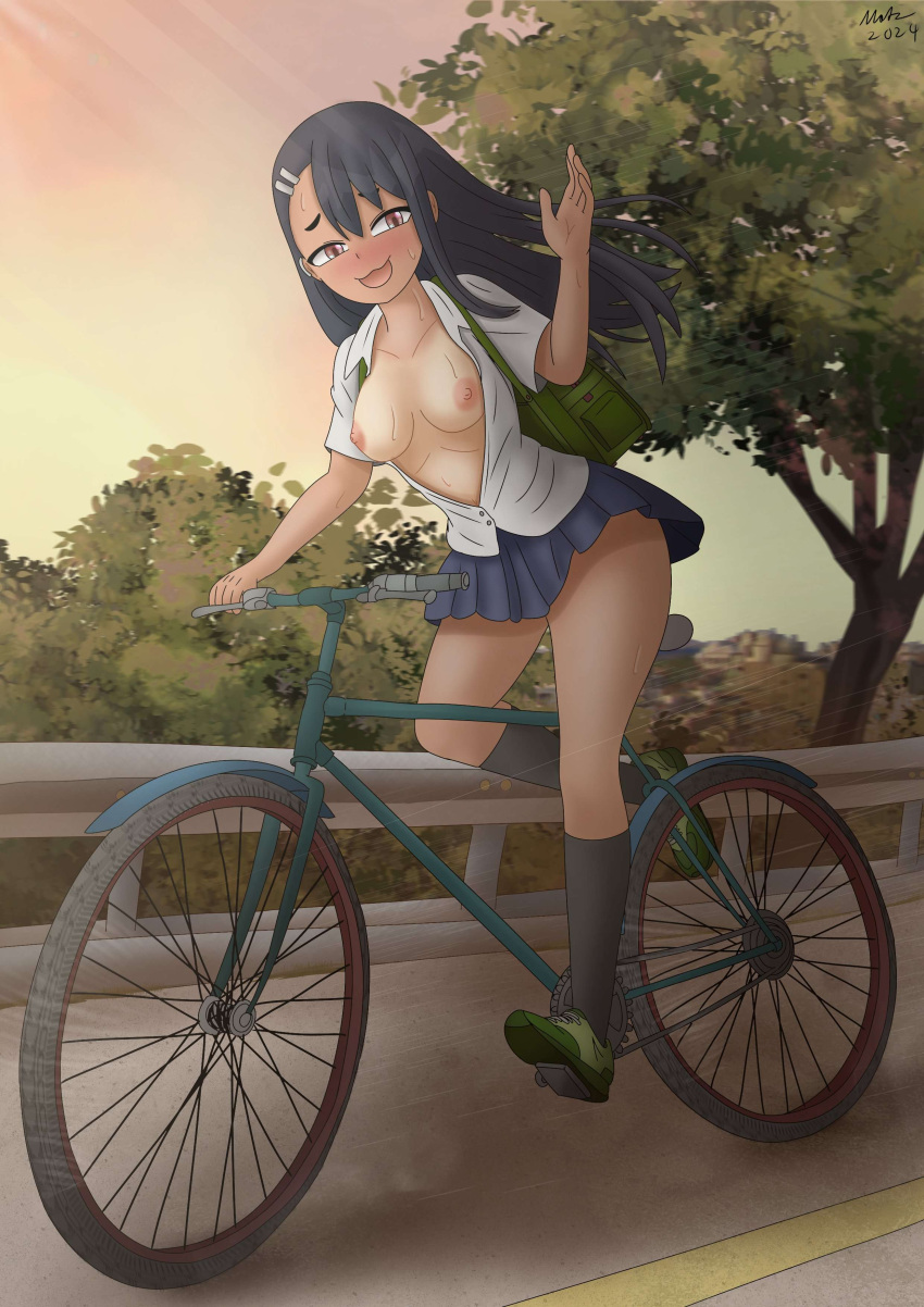 1girls :3d bag bicycle black_hair blush breasts breasts_out ear_piercing female hair_ornament hairclip hand_up hayase_nagatoro kaschmatz long_hair open_clothes open_mouth please_don't_bully_me,_nagatoro riding shirt shirt_open short_skirt skirt small_breasts sneakers sunset sweat sweatdrop sweating tagme tan tan_body tan_skin tanline thighhighs white_shirt wholesome