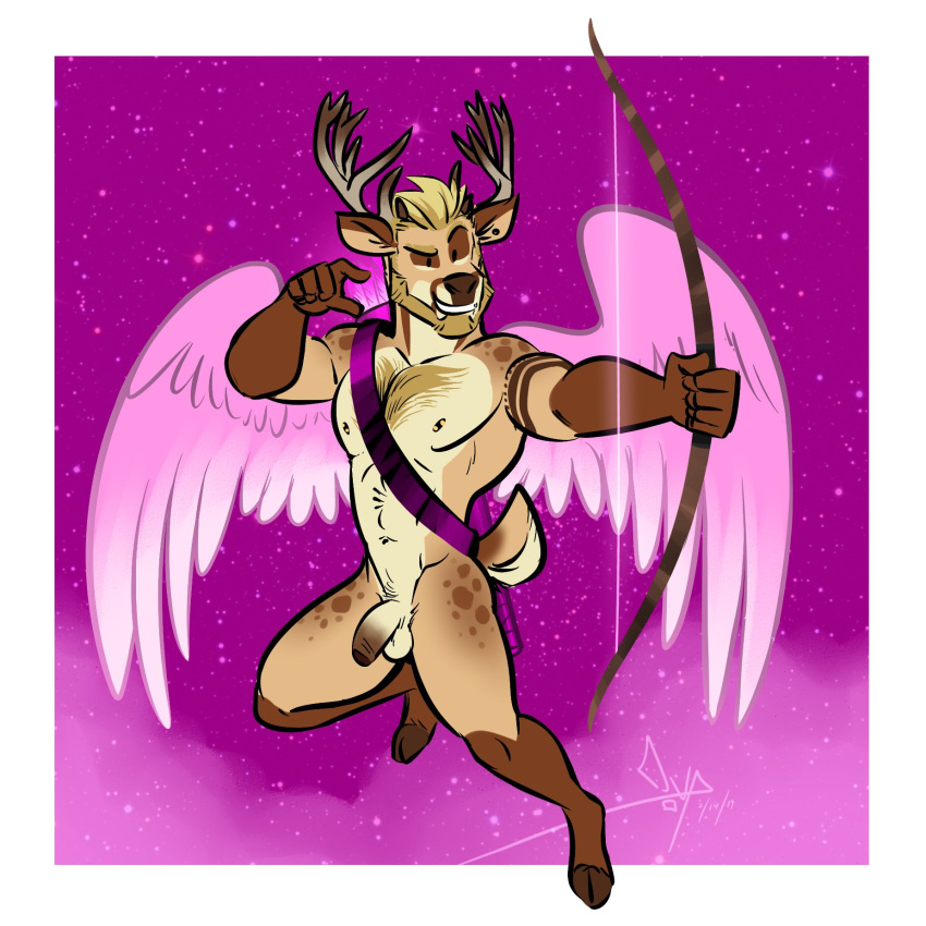 1:1 2019 anthro antlers balls beard bgn biceps blonde_hair body_hair bow_(weapon) bulky_buck cervid cervine chest_hair cloven_hooves facial_hair feathered_wings feathers flaccid hair hi_res holidays hooves horn humanoid_penis male male_only mammal muscular muscular_male navel nipple_piercing nipples pecs penis piercing ranged_weapon sash smile solo tattoo uncut valentine's_day weapon wings