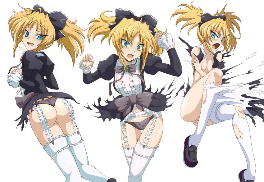 black_panties black_ribbon blonde_hair blue_eyes blush clam_curry cute_fang destroyed_clothing embarrassed female_only garter_belt garter_straps gothic_lolita hair_ornament high_school_dxd lolita_fashion mittelt panties petite ribbon ripped_clothing simple_background sweatdrop white_legwear