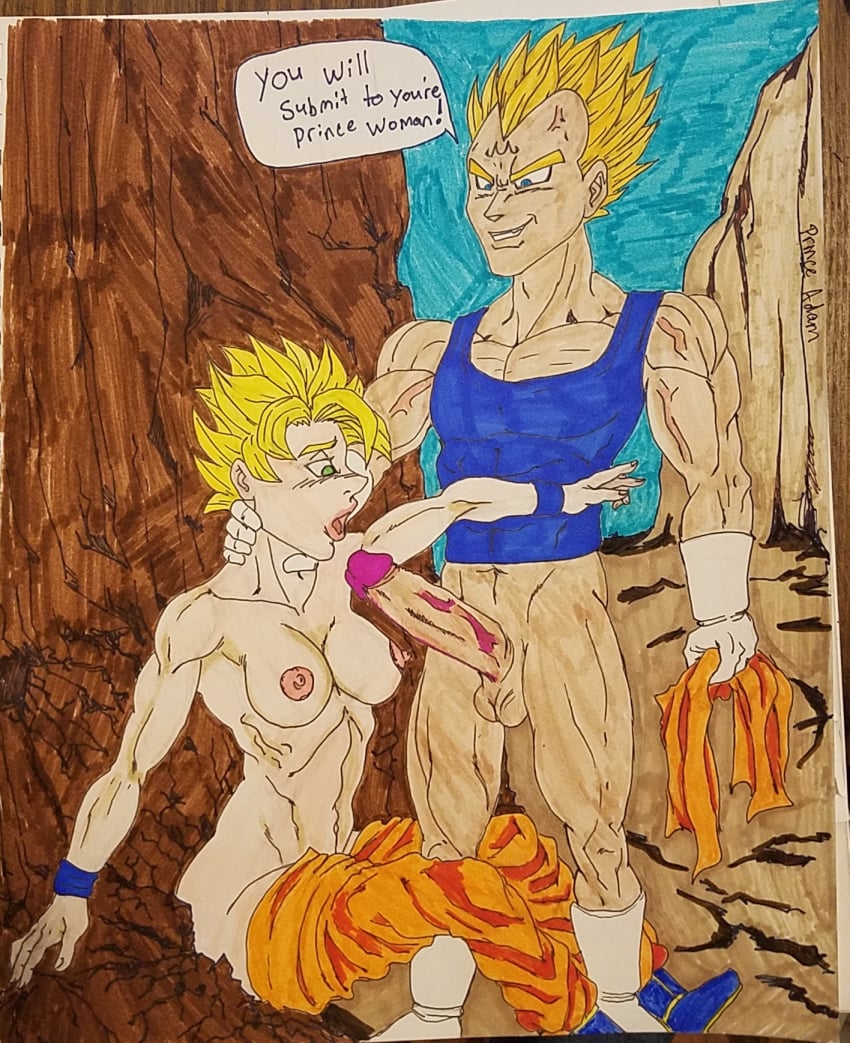 1boy 1girls balls bare_shoulders big_penis blue_eyes breasts choke_hold defeated defeated_heroine dragon_ball dragon_ball_z female female_goku gold_hair green_eyes huge_cock huge_penis imminent_rape large_penis majin_mark male navel nipples nudity penis princeadam rule_63 saiyan son_goku super_saiyan super_saiyan_2 testicles topless traditional_media_(artwork) vegeta veiny_penis