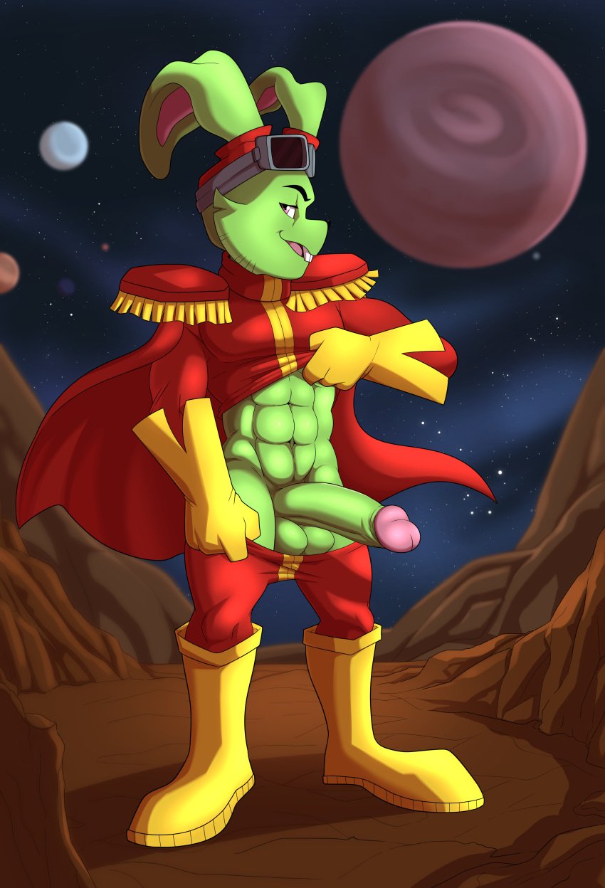 1boy abs absurd_res balls boots bucky_o'hare clothing footwear gloves headgear headwear hi_res humanoid_penis jerseydevil lagomorph leporid male male_only mammal penis rabbit solo solo_male space uniform