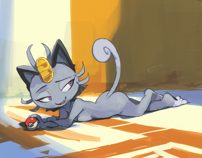 1girls 2019 alolan_meowth anthro anthrofied ass barefoot breast_rest breasts coy crossed_legs digital_painting_(artwork) edtropolis eyelashes feet female female_only full-length_portrait fur furry grey_fur half-closed_eyes hi_res holding holding_object looking_back lying mammal meowth nintendo nude on_front open_mouth open_smile paws pokémon_(species) poke_ball pokemon pokemon_sm pokemorph portrait purple_eyes seductive sideboob signature smile solo text video_games watermark