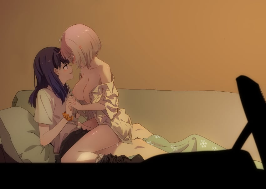 2girls adult_swim bangs black_hair black_skirt blue_eyes blush breasts brown_background closed_eyes collarbone collared_shirt commentary couch fingering hand_holding highres implied_fingering indoors interlocked_fingers japanese_clothes kimono kimono_pull large_breasts lavender_hair long_hair multiple_girls nipples off_shoulder orange_scrunchie pantyhose pillow pussy_juice school_uniform scrunchie shinjou_akane shiny shiny_skin shirt short_sleeves silhouette sitting sitting_on_person skirt ssss.gridman takarada_rikka toonami usamin_(artist) white_shirt wrist_scrunchie yuri