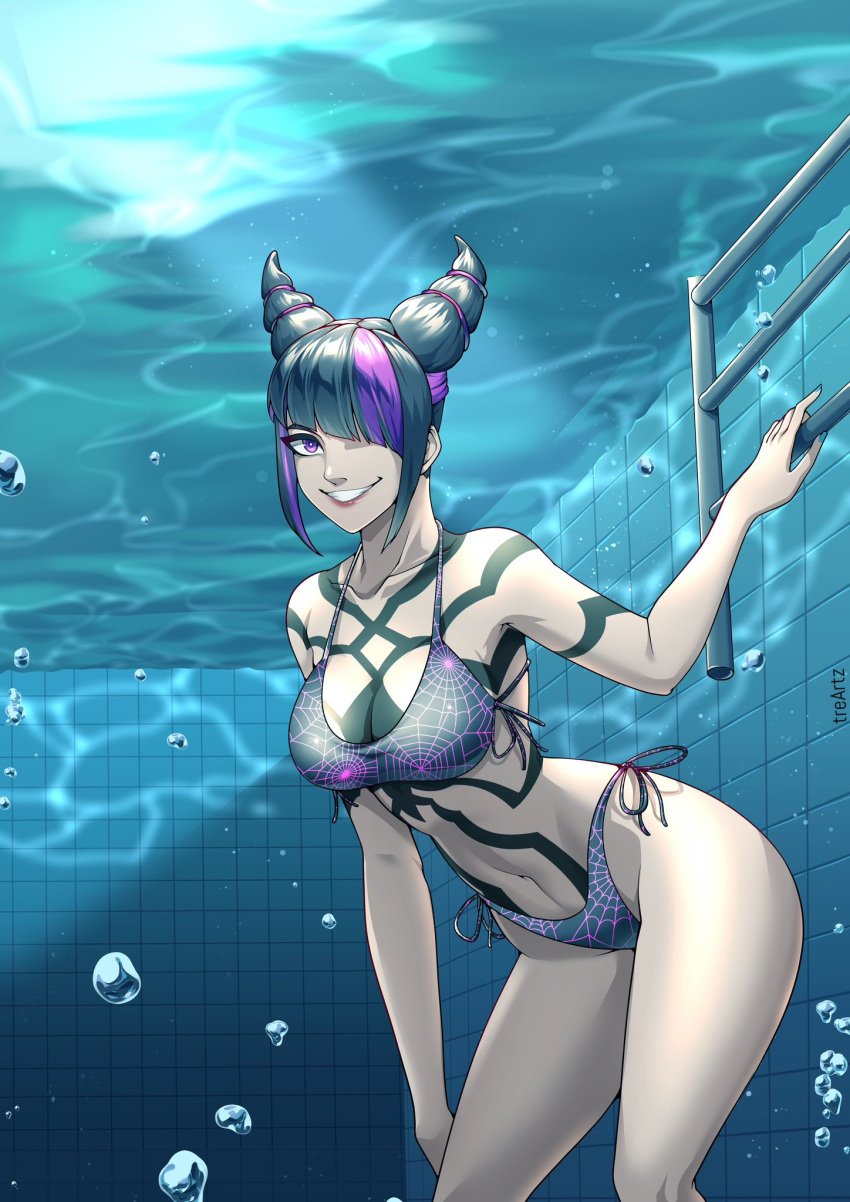 1girls ass black_hair breasts hair_over_one_eye hi_res juri_han large_ass large_thighs one_eye_obstructed smile smiling solo solo_female street_fighter street_fighter_6 swimsuit swimwear tattoo thighs thotlerrr treartz underwater