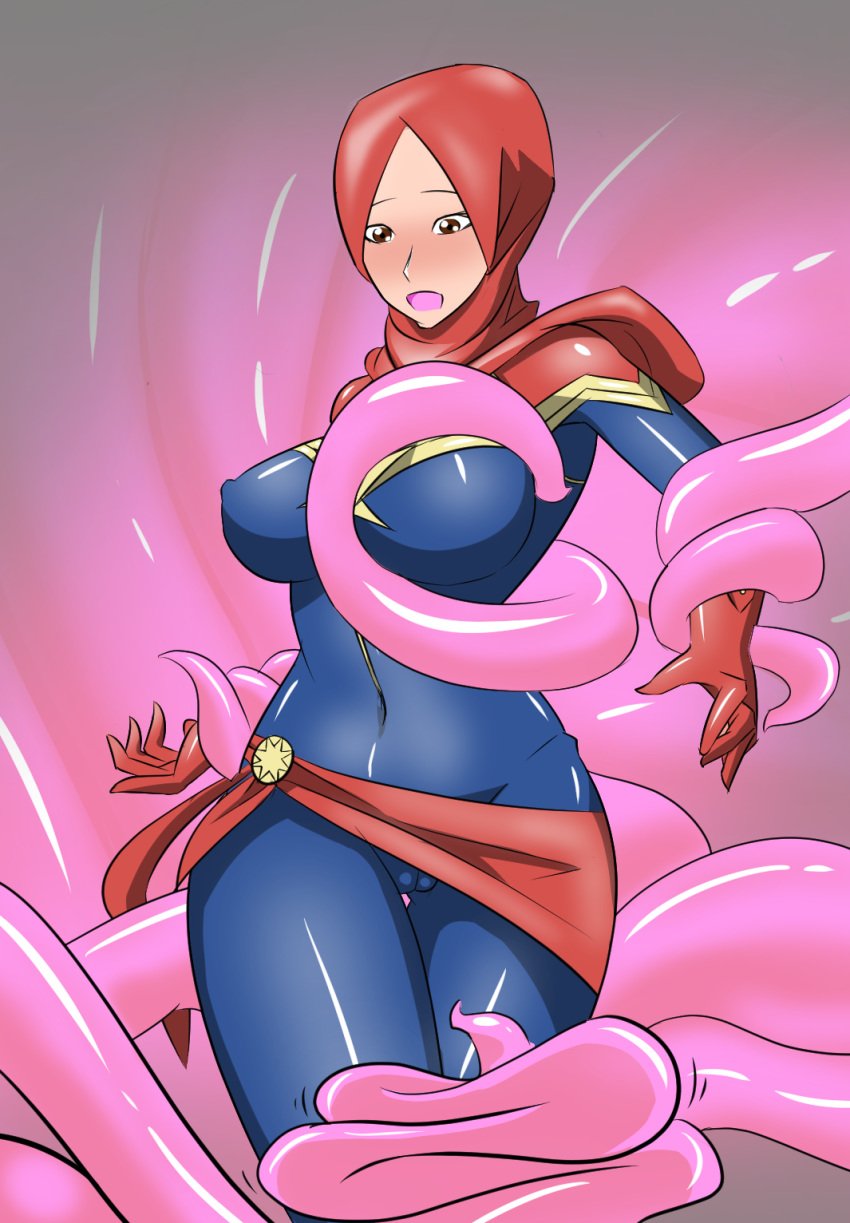 1girl 1girls alternate_breast_size big_ass big_breasts big_thighs blue_dress captain_marvel carol_danvers clothing curvy dress female hijab hslartes large_breasts looking_at_own_breasts marvel pink_tentacles red_hijab superhero_costume superheroine tentacle tentacle_around_arm tentacle_around_breast tentacle_pit tentacles twitter wide_hips