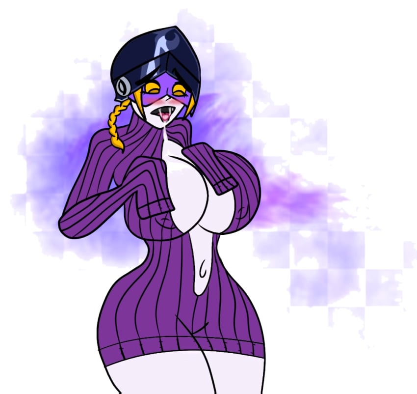 1girls ahegao bangs blush blushing braid breasts cleavage cleavage_cutout cute drool drooling female helmet huge_breasts humanoid jojo's_bizarre_adventure long_sleeves no_pants open_mouth orange_hair purple_haze_(jjba) riptionary rule_63 saliva shounen_jump stand_(jjba) sweater vento_aureo virgin_killer_sweater