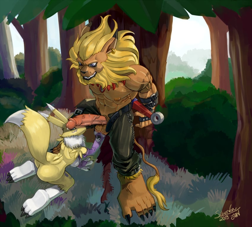 anthro big_penis black_lips breasts digimon erection female lion male mane muscles open_pants pants penis renamon siberwar straight topless vein veiny_penis