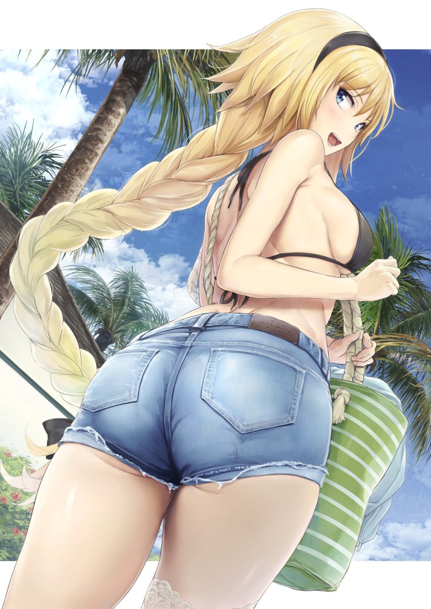 1girls akita_hika ass bag bikini blonde_hair blue_eyes braid fate/grand_order fate_(series) female jean_shorts jeanne_d'arc_(fate) jeanne_d'arc_(swimsuit_archer) looking_back short_shorts shorts sky smile solo tagme tree