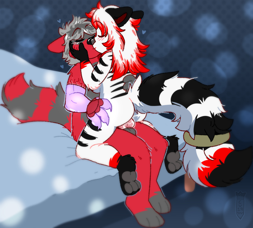 bed black_fur closed_eyes crownedvictory female fluffy fluffy_tail fur grey_hair hair invalid_tag kissing male pawpads paws penetration red_fur red_hair riding simple_background sitting straight tails_(disambiguation) white_fur white_hair