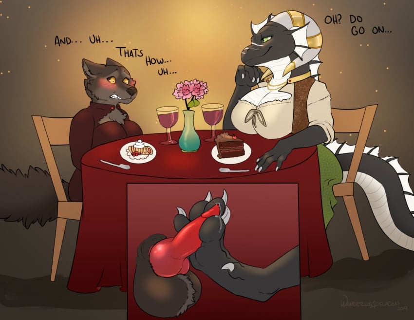 2futas alcohol anthro balls beverage big_balls big_breasts black_scales breasts brown_fur cake canid canine canis chair choker curled_horns cutlery dickgirl dragon duo facial_scar female flower food foot_fetish footjob fork full-package_futanari fur furry futa_on_futa futa_only futa_with_futa futanari green_eyes grey_fur horn_jewelry intersex jewelry kitchen_utensils knot linna_(kyvinna) linna_auriandi_(character) mammal plant precum public rhana scales scalie scar sex stealth_sex table tools under_the_table vase wanderlustdragon western_dragon white_scales wine wolf yellow_eyes