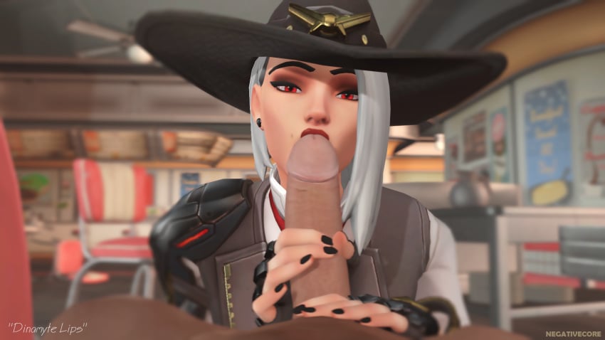 1boy 1girls 3d ashe_(overwatch) black_nails blizzard_entertainment cowboy_hat erection fellatio female looking_at_viewer male negativecoresfm oral overwatch penis pov red_eyes red_lipstick source_filmmaker straight