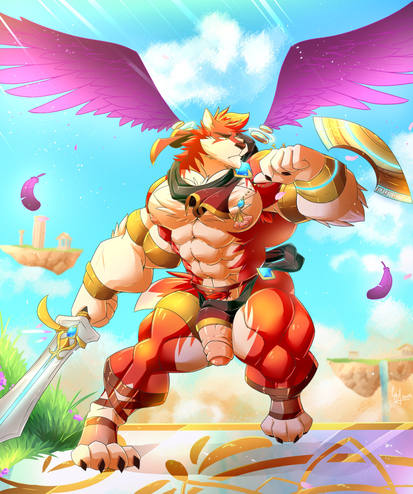 absurd_res anthro armpit_hair canid canine canis daikitei feathered_wings feathers flaccid hi_res humanoid_penis male male_only mammal melee_weapon muscular muscular_male outside pecs penis pubes solo standing sword uncut weapon wings wolf